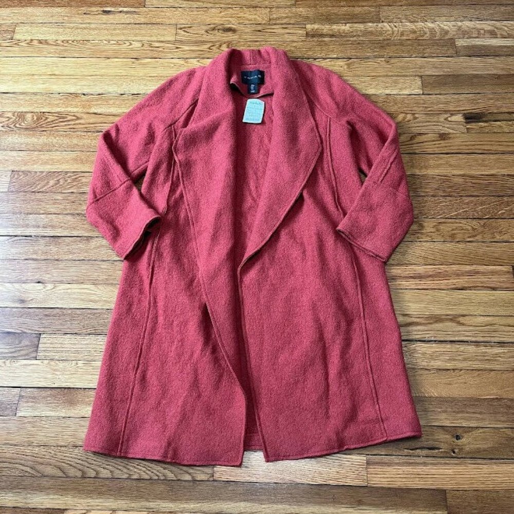 Tahari Wool Cardigan Coat Open Front Long Sweater Womens Small Orange/Red NWT*